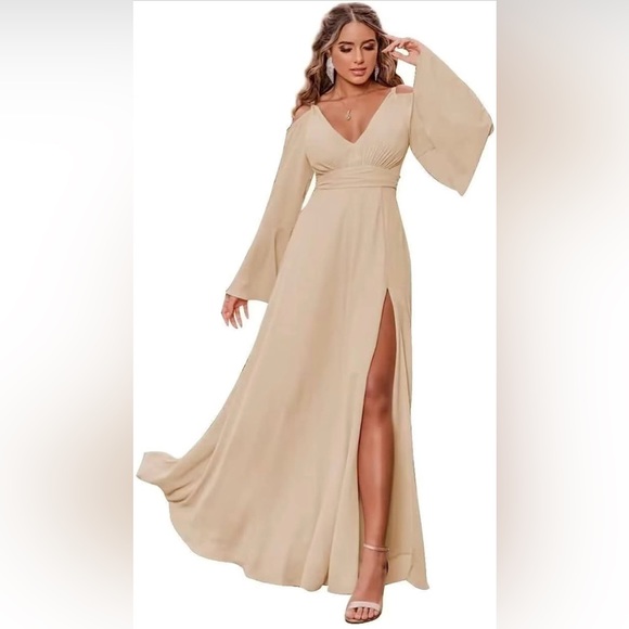 V Neck Bridesmaid Dress A Line Slit Evening Party Flowy Sleeve Dress - Picture 1 of 4